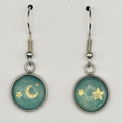 Celestial Teal Moon and Stars Earrings